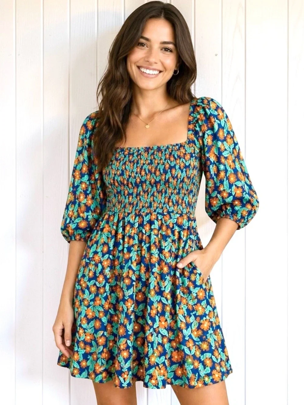 NWT Melloday Smocked Puff Sleeve Floral Mini Dress Navy Orange With Pockets M